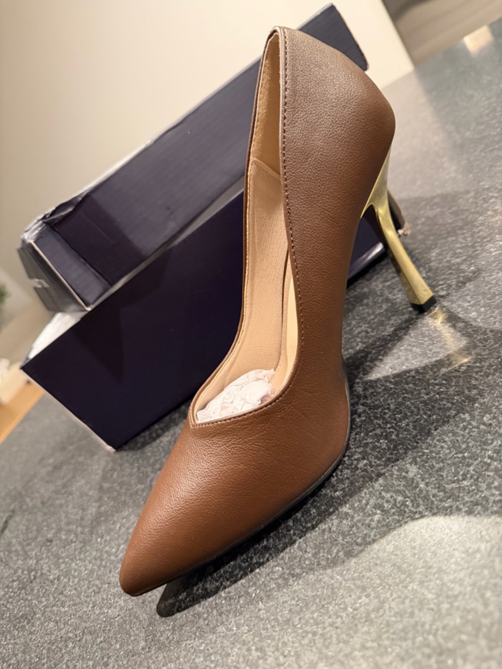 French connection- Brown Pointed-Toe High Heel Pump with Gold Stiletto